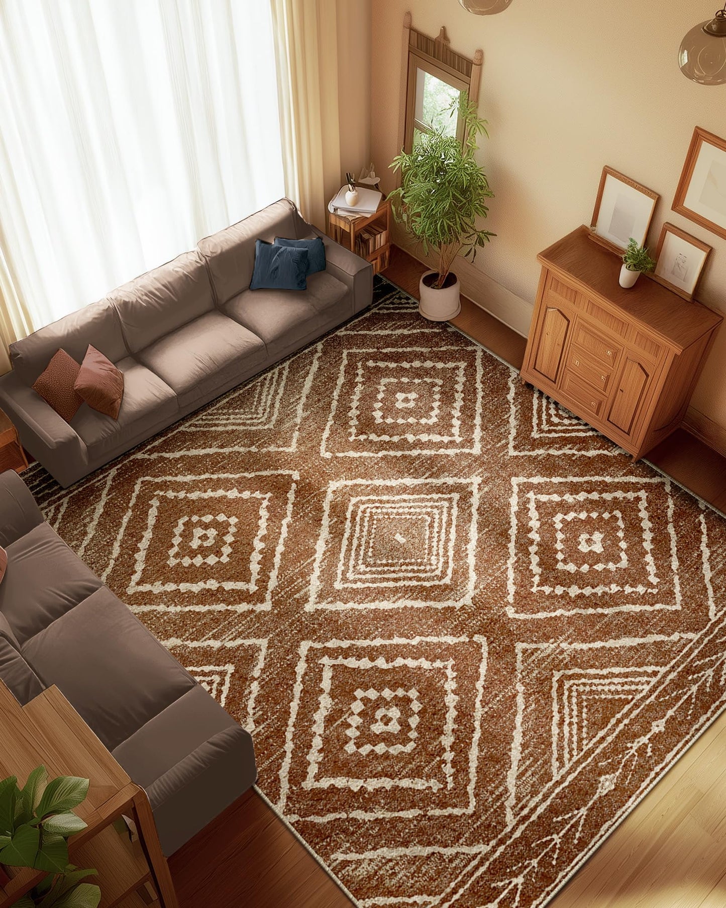 BESTSWEETIE Area Rug 9x12 Machine Washable Non-Slip Low Pile Print Pattern Western Tribal Series Yellowbrown/Cream for Living Room Bedroom Entryway