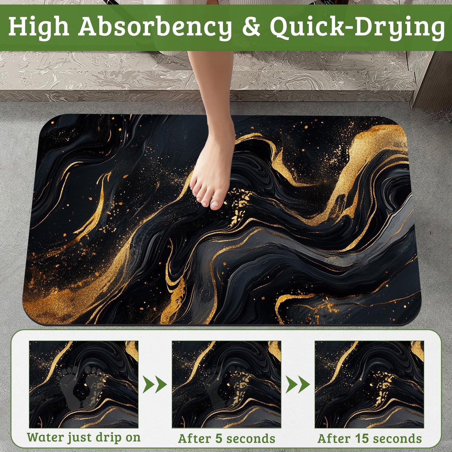 NSMNSM Black Gold Marble Bathroom Rugs Mat Non Slip Washable Quick Dry Absorbent Thin Bathroom Rug-Bath Mats for Bathtub, Sink, Shower Room, Christmas Decorations,17"x 29.5"
