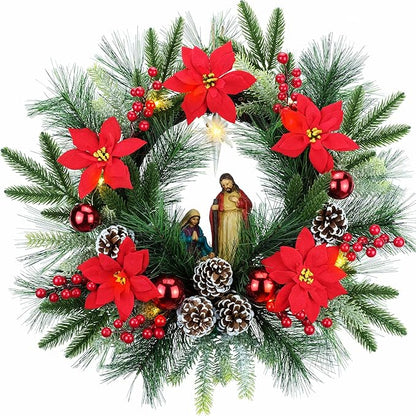 YULETIME 20" Pre-Lit Nativity Wreath, Battery Operated with 10 Fairy Lights, Holy Family Nativity Statue, Star of Bethlehem, Pine Cones, Red Poinsettia & Berries, Pine Needles (Nativity Poinsettia)