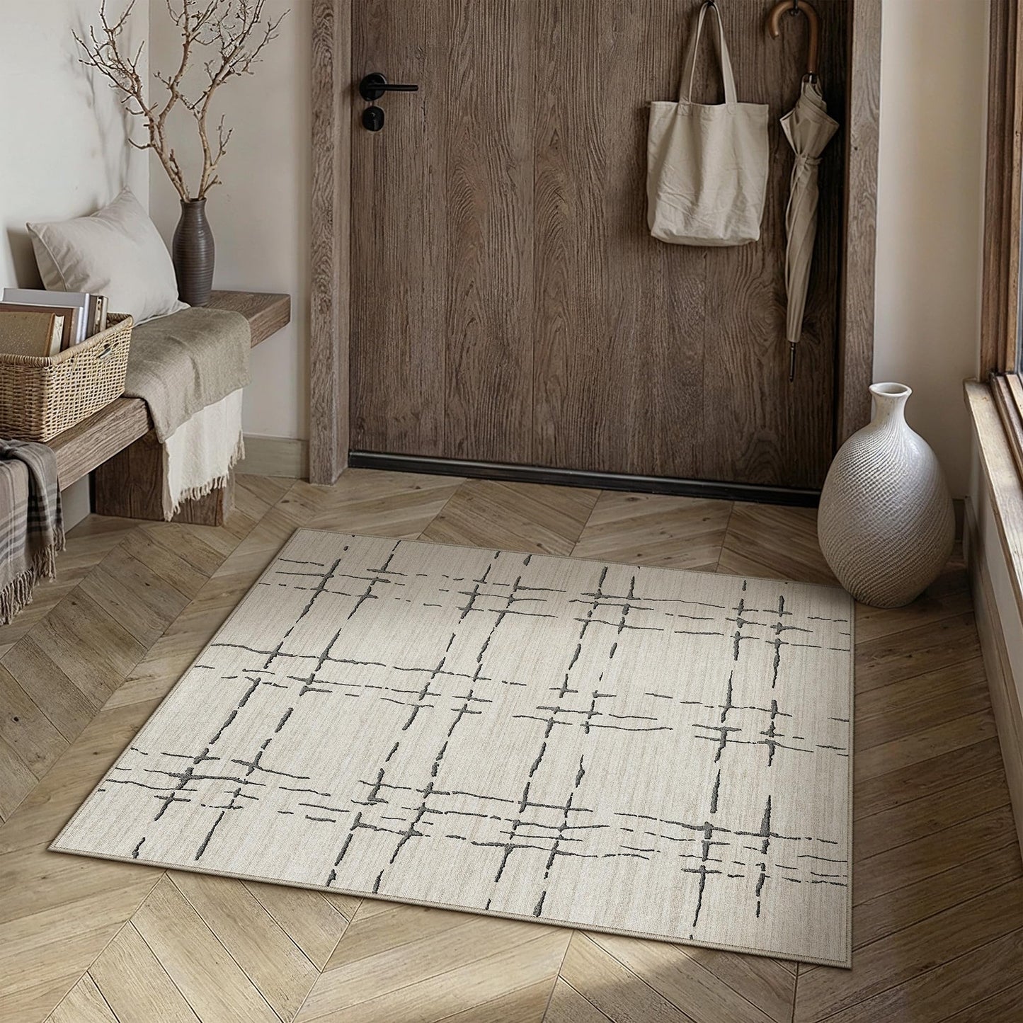 PureCozy 2x3 Washable Neutral Area Rug for Entryway Sand Gray Modern Soft Indoor Door Mats Non-Slip Stain Resistant Low Pile Accent Small Rug for Bedroom Kitchen Laundry Entrance