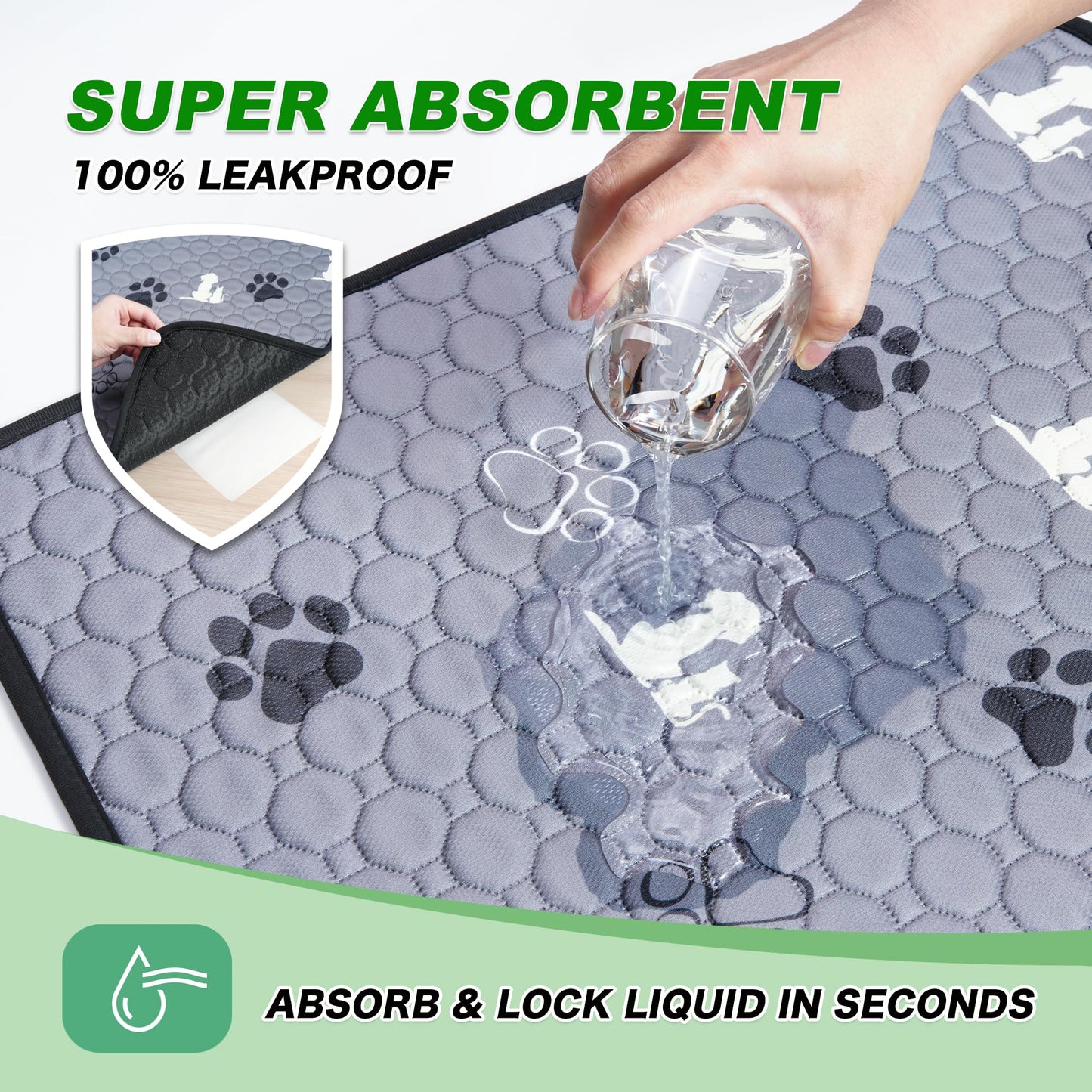 WanpeeGoo Washable Pee Pads for Dogs Mat, 2 Pack Absorbent Reusable Training Dog Pads Pet Puppy Pads, Non-Slip Potty Pads for Whelping, Playpen, Crate, Bed, Grey 24"x36"