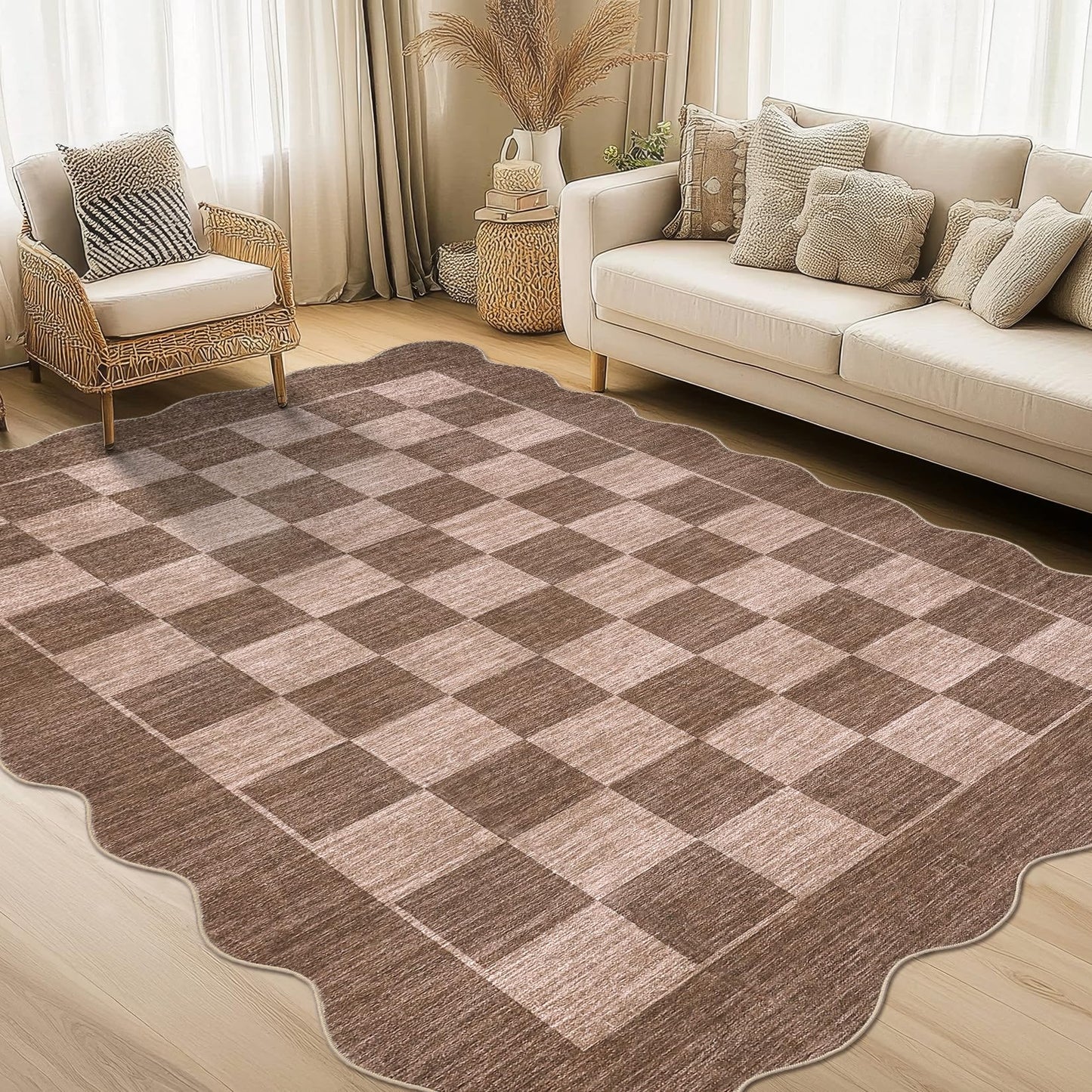 GarveeHome Scalloped Living Room Rug 8x10 Washable Area Rug for Dining Room Bedroom Low Pile Neutral Area Rugs Modern Checkedboard Farmhouse Floor Cover Brown
