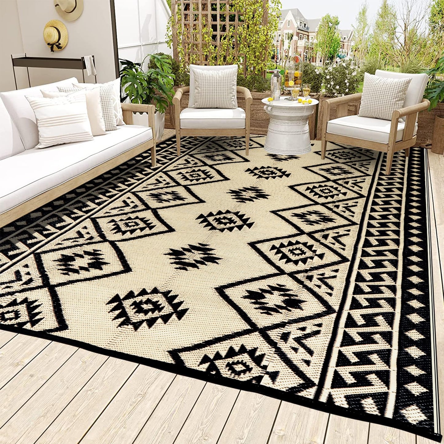 LILIOFFIC Outdoor Rugs - Outdoor Rug 8x10 Patio Rug Plastic Straw Rug Clearance Waterproof, Large Outdoor Area Rug Carpet for Outside, RV, Deck, Picnic, Beach, Camping, Black & Beige