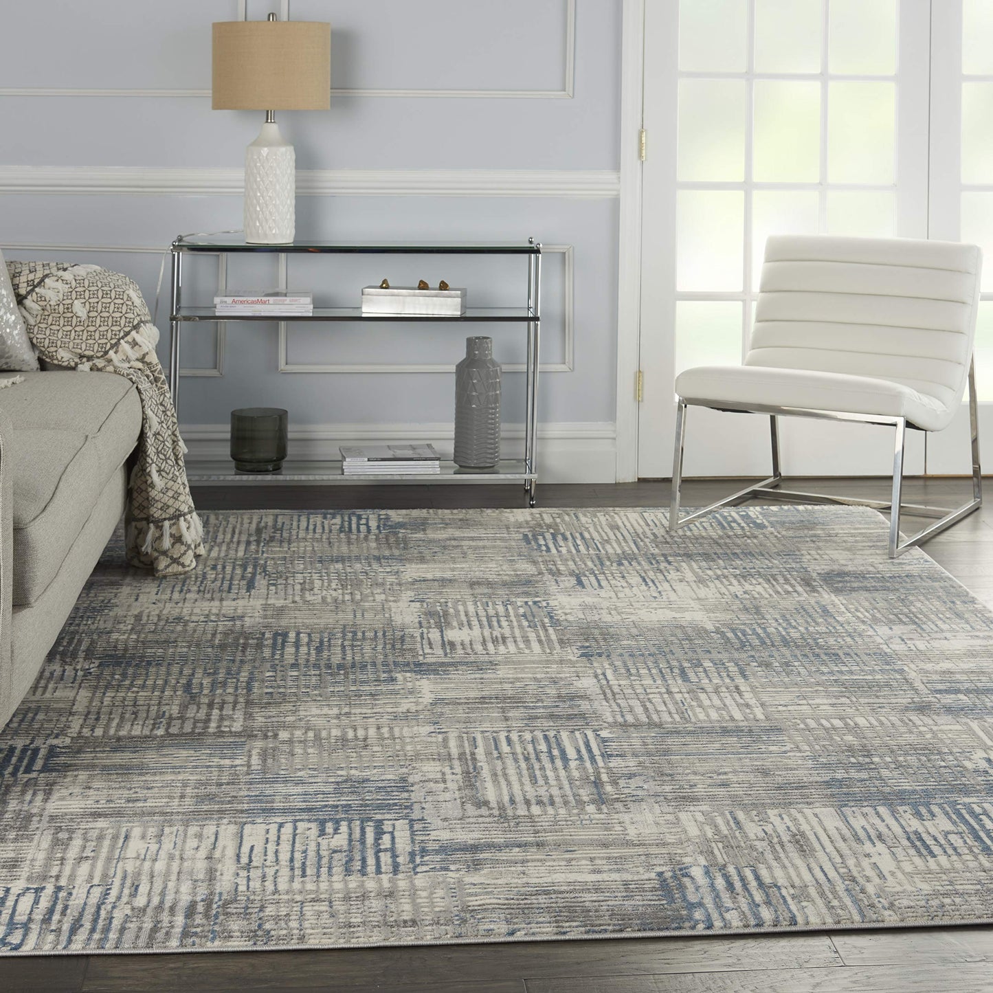 Nourison Home Solace Contemporary Rustic Ivory/Grey/Blue 8' x 10' Area Rug, Easy Clean, Non Shedding, Bed Room, Living Room, Dining Room, Kitchen, (8' x 10')
