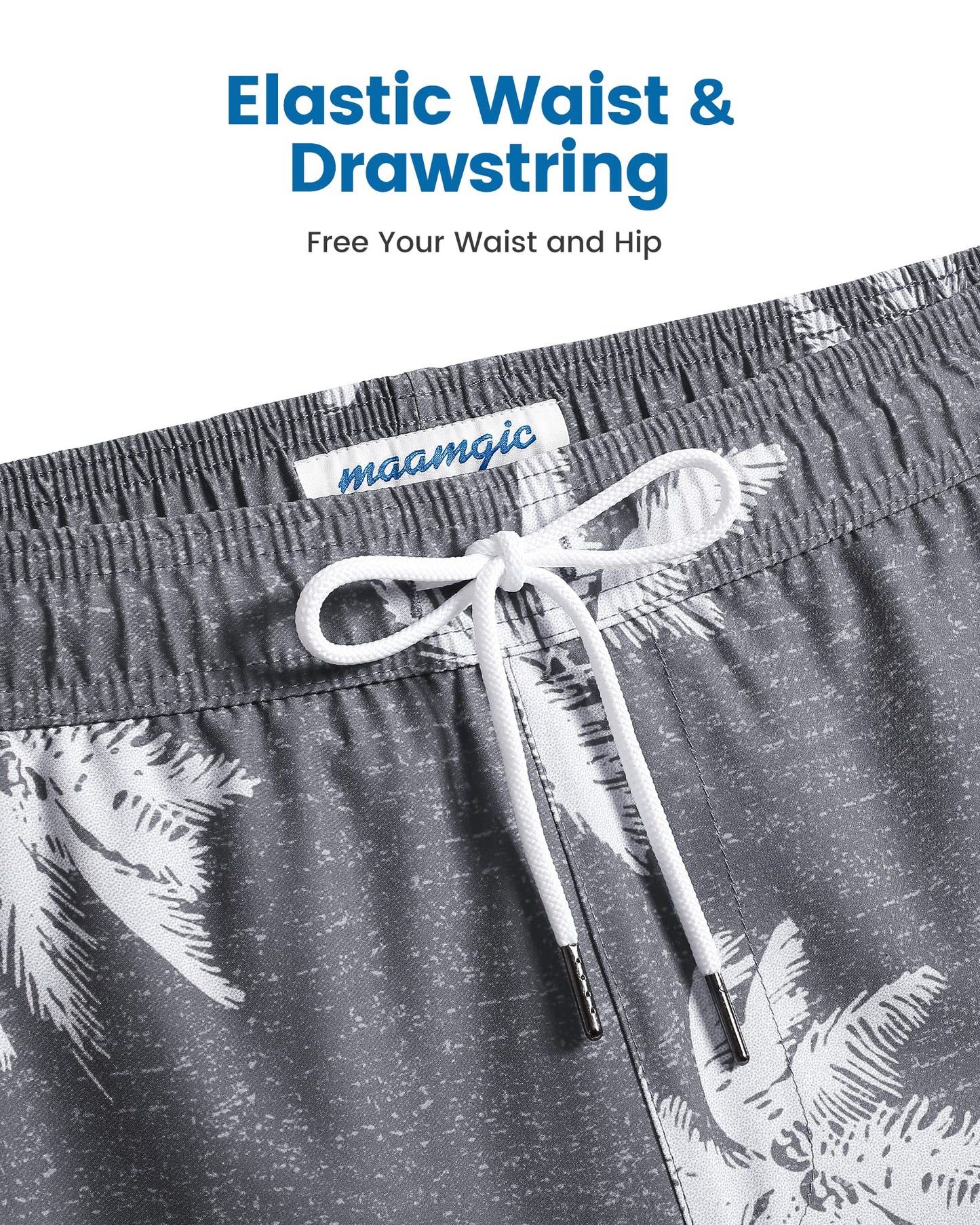 maamgic Mens Swim Trunks with Compression Liner 5 Inch, Quick Dry Bathing Suit with Zipper Pockets, Stretch No-Chafing Swim Shorts, Gray-Palm Tree X-Small