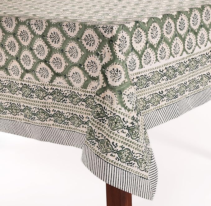 ATOSII Kari Green 100% Cotton Rectangle Boho Summer Tablecloth, Block Print Floral Table Cloth Linen for Dining, Parties, Wedding, Outdoors Home Decor 60 X 90 Inches I 6 Seater I