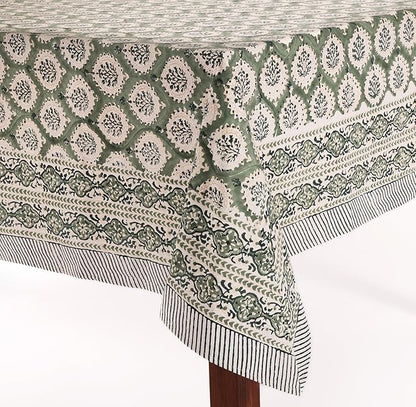 ATOSII Kari Green 100% Cotton Rectangle Boho Summer Tablecloth, Block Print Floral Table Cloth Linen for Dining, Parties, Wedding, Outdoors Home Decor 60 X 90 Inches I 6 Seater I