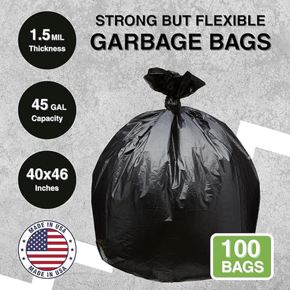 45 Gallon Garbage Trash Bag 40X46" 1.5 Mil Black 100 Count Can Liner Bulk 40