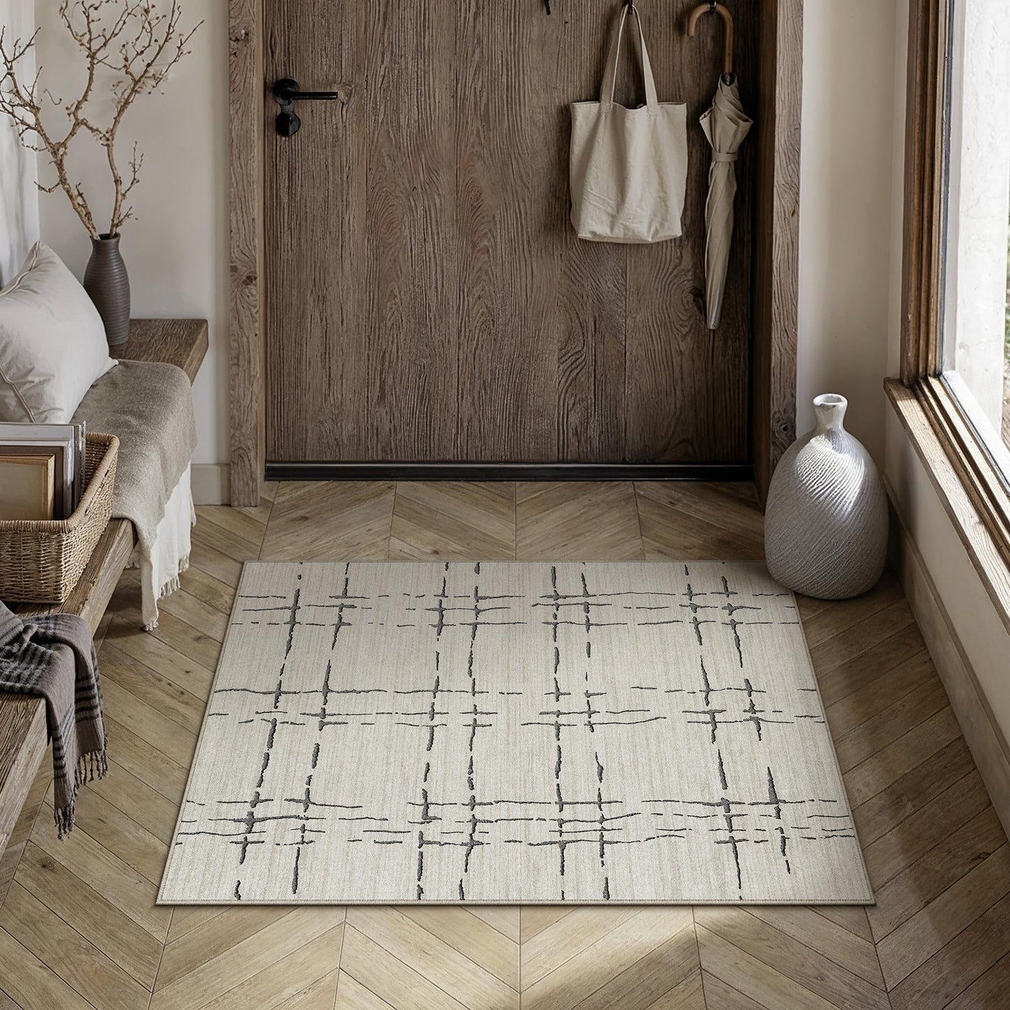 PureCozy 2x3 Washable Neutral Area Rug for Entryway Sand Gray Modern Soft Indoor Door Mats Non-Slip Stain Resistant Low Pile Accent Small Rug for Bedroom Kitchen Laundry Entrance