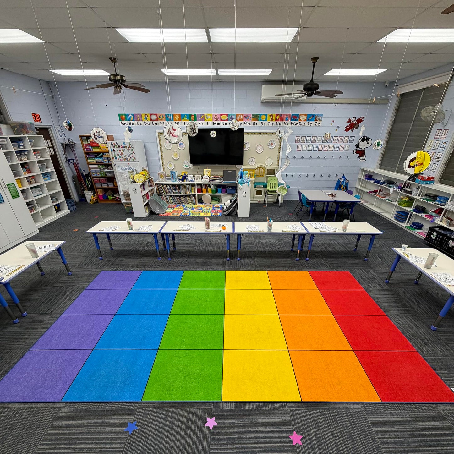 Boooooom Jackson Classroom Rug - 7'6''x13'12'' Vibrant Rainbow Preschool Classroom Carpet with Seating Squares, Non-Slip & No-Trip Edges, Vibrant Colors for Kids Playroom Floor Mat