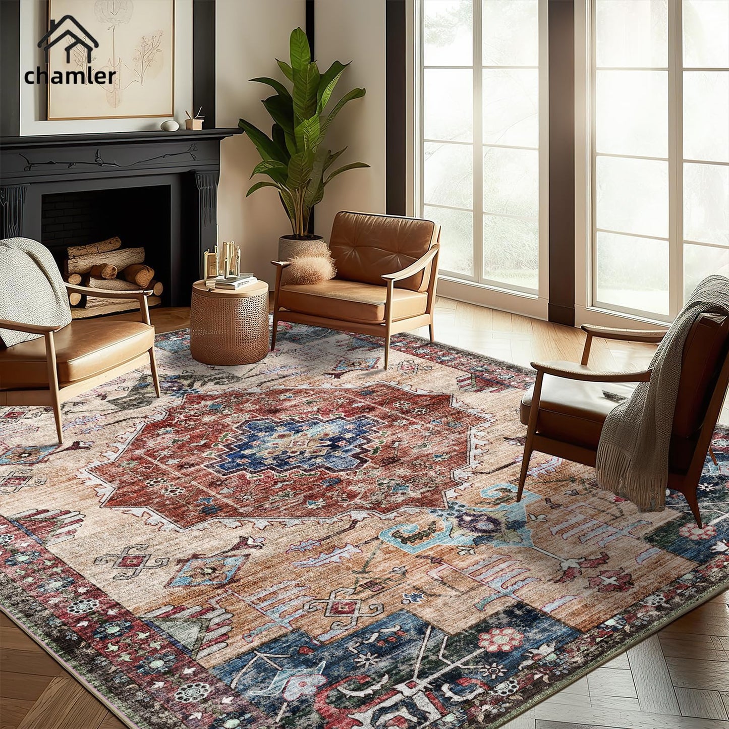 chamler 9x12 Washable Area Rug Boho Chic Medallion Distressed Design Non-Shedding Easy Care Ideal for High Traffic Areas in Rugs for Living Room Bedroom Office Coffee Table Large Carpet