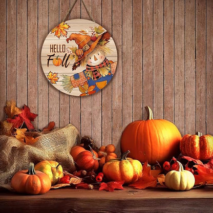 Hello Fall Autumn Scarecrow Door Sign for Porch Pumpkins Maple Leaf Wood Hangers Farmhouse Door Sign for Front Door Decor Seasonal Home Decorations Autumn Wall Hanger Sign