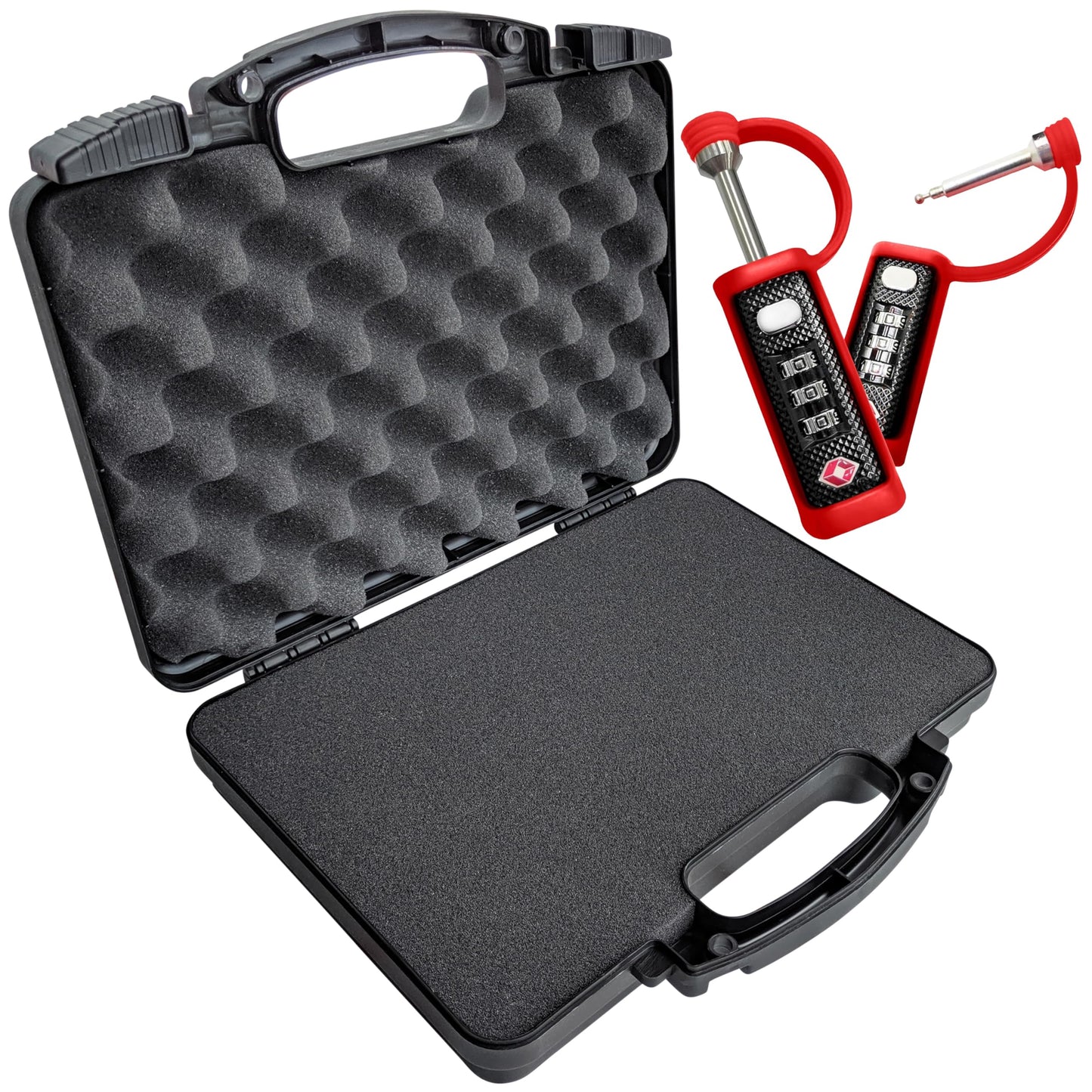 TSA Approved Hard Gun Case – Airline Approved Lockable Pistol Carrying Case with Dual Latch & Customizable Foam – Fits 9mm Handgun, Revolver & Firearm for Travel & Range Use (3-in-1 Bundle)