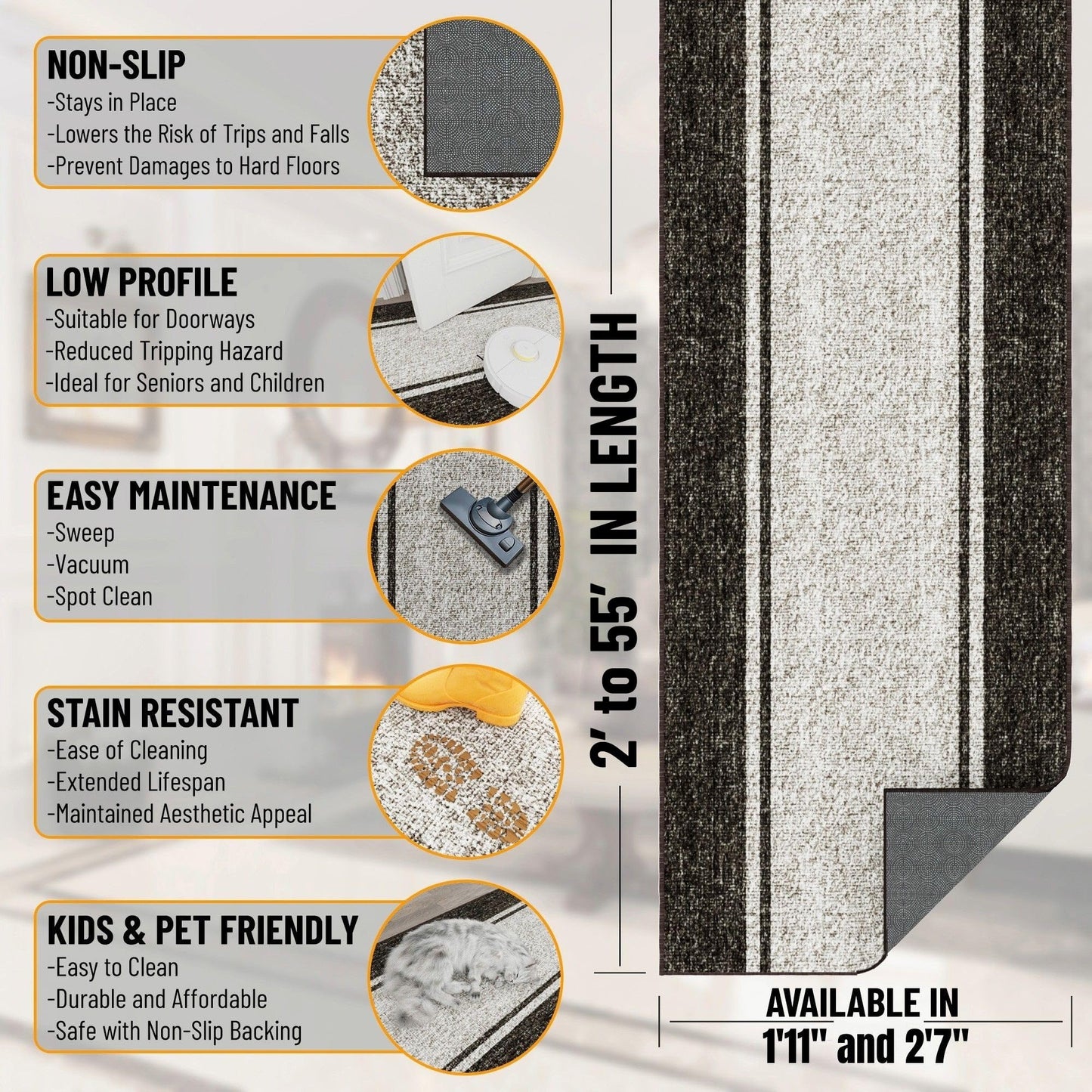Ottomanson Aisle Runner Rug 2'7" x 28' – Soft Non-Slip Rug, Low Pile Carpet for Hallways, Events, Churches & Extra-Long Indoor Spaces, Border Brown