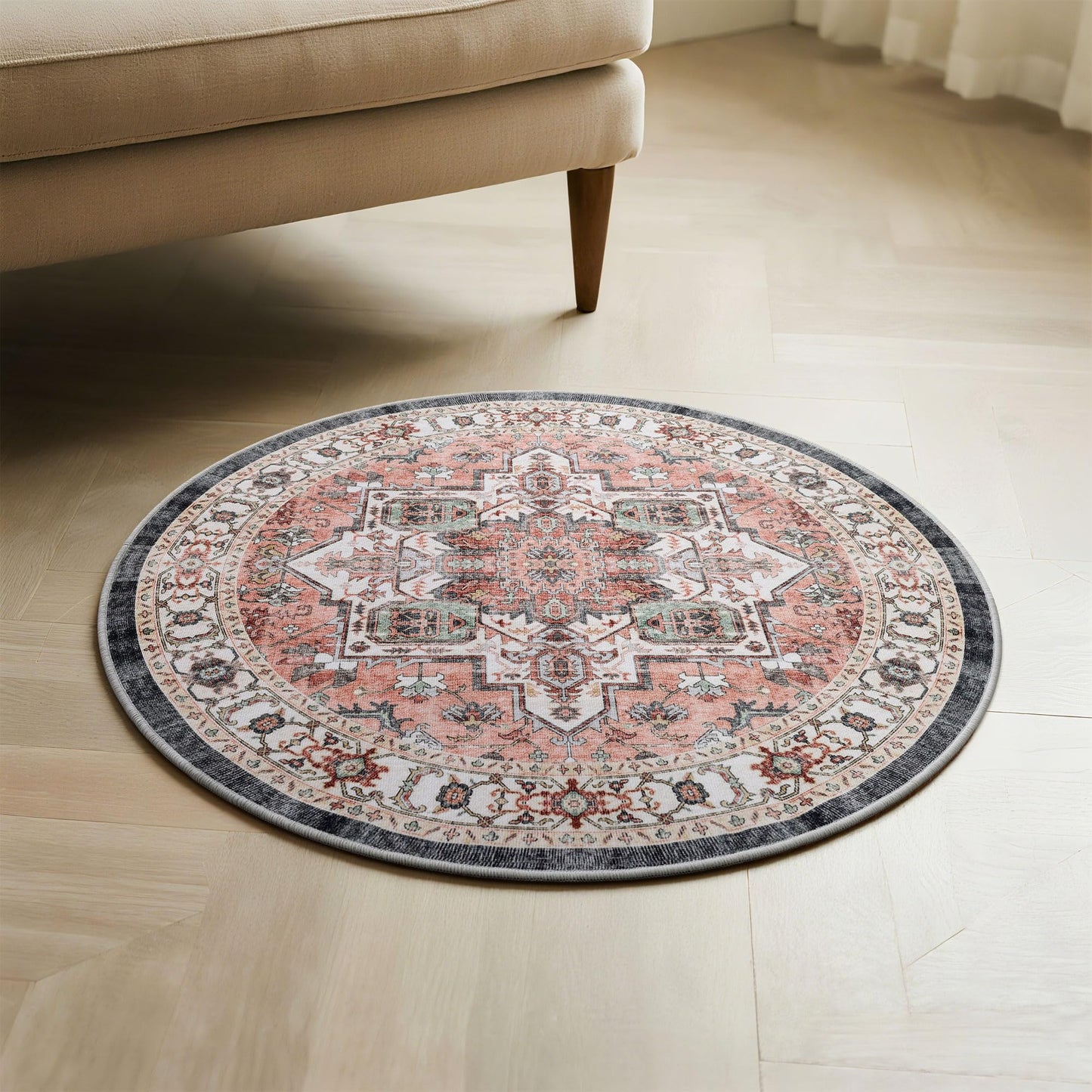 Carvapet 24 inch/61 cm Vintage Round Small Rugs Non-Slip Washable Circle Rug with Rubber Backing Foldable Low Pile Design for Living Room Bedroom, 2 ft Dark Pink Rug
