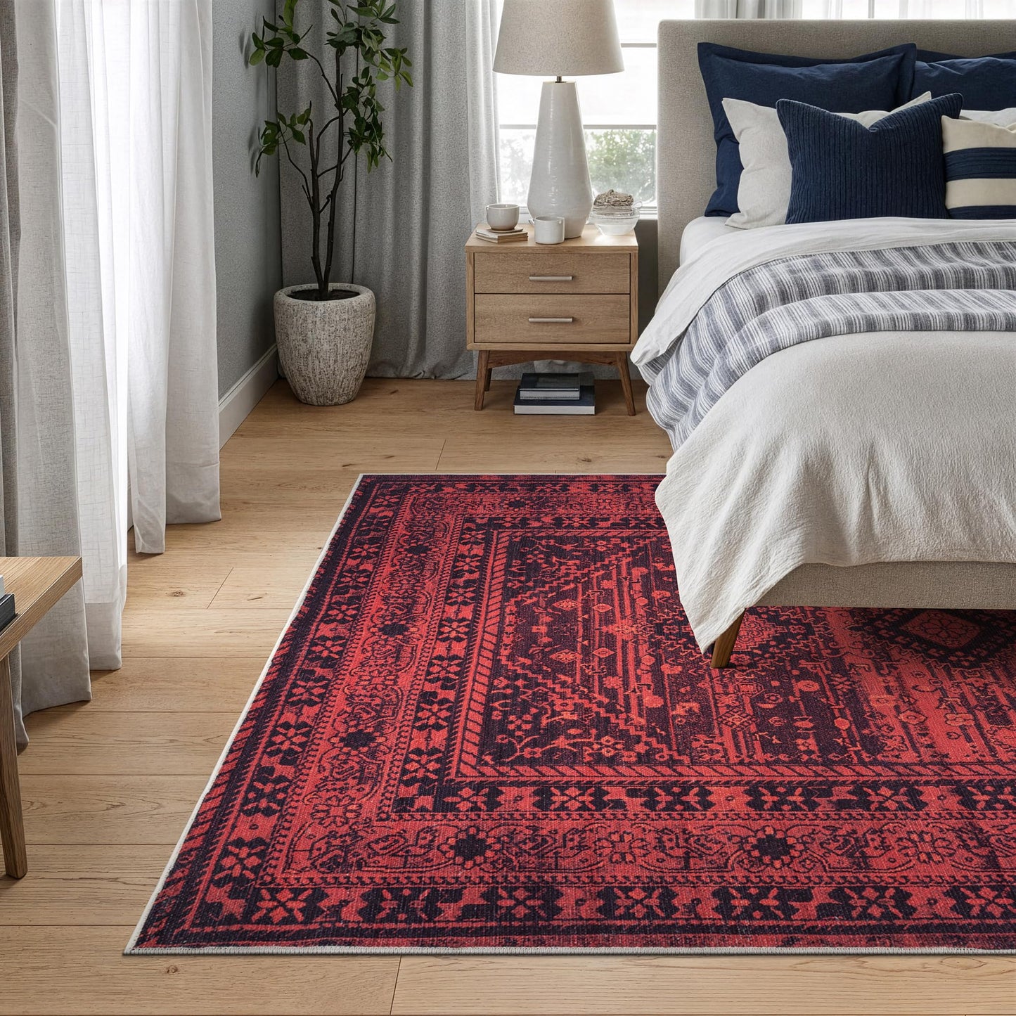 Bloom Rugs Washable Non-Slip 5' x 7' Rug - Red Traditional Bordered Area Rug for Living Room, Bedroom, Dining Room, and Kitchen - Exact Size: 5' x 7'