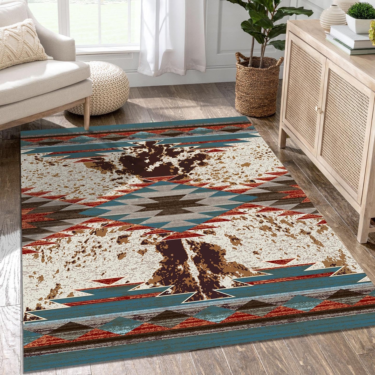 DECORAISES Combo Rustic Western 3x5 ft Area Rug, 4 Pcs Non-Slip Rug Tape, Southwestern Style, Polyester, Rectangular, Indoor, 8cm Thick, Machine-Woven, Spot Clean Only