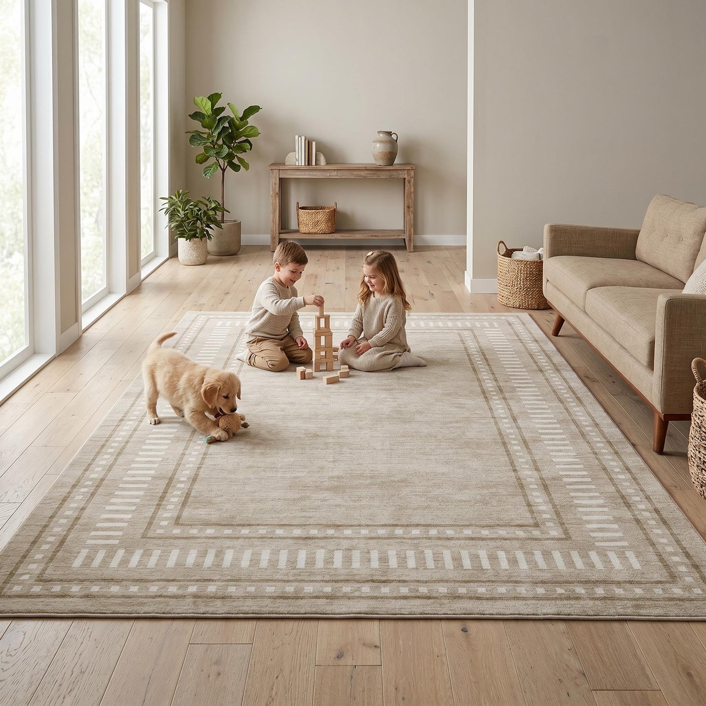 MilleLoom Bordered Area Rug 5x7 Washable Rugs for Living Room Non Slip Soft Rugs Indoor Geometric Floor Cover Non-Shedding Stain-Resistant Carpet for Bedroom Dining Room Office Nursery Dorm Beige