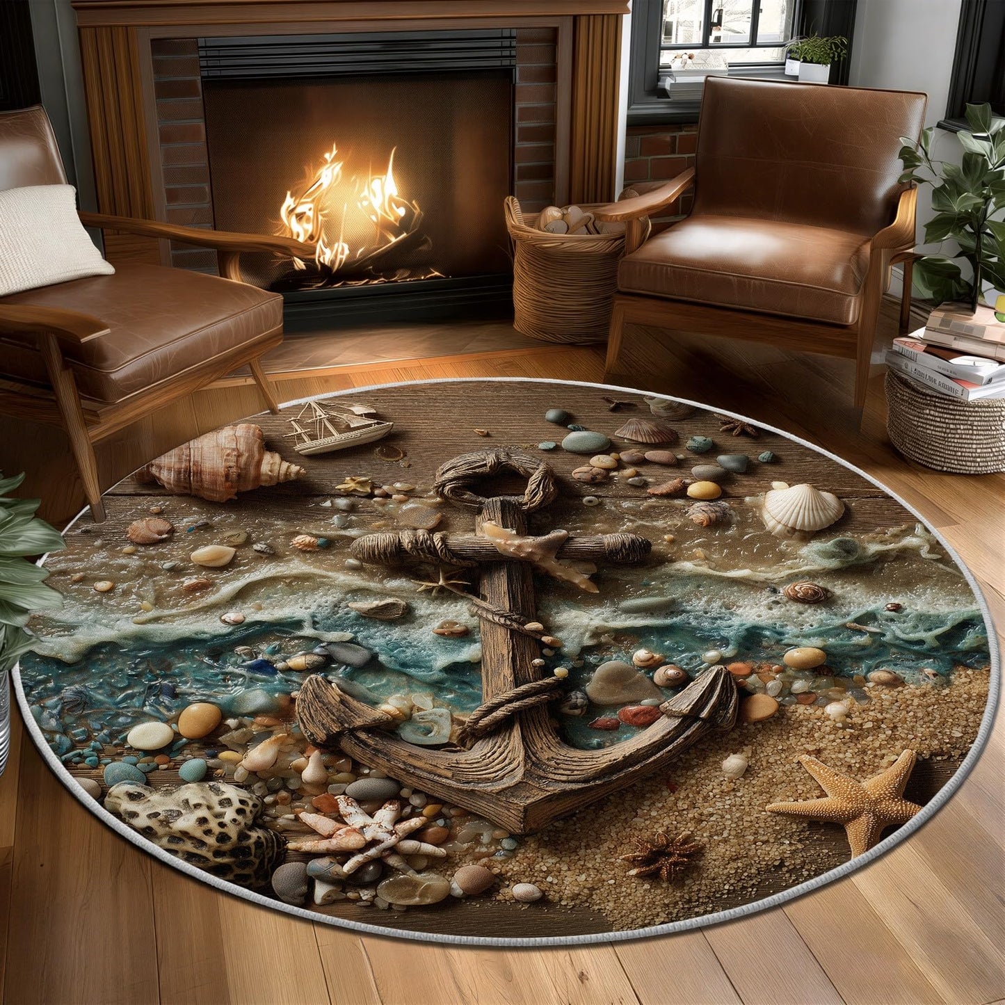 Coffee Table Rug Round Coastal Anchor Beach Seashell Mat, 5ft Ocean Wave Sand Floor Carpet for Living Room Bedroom Reading Nook, Nautical Driftwood Pebble Starfish Decorative Piece