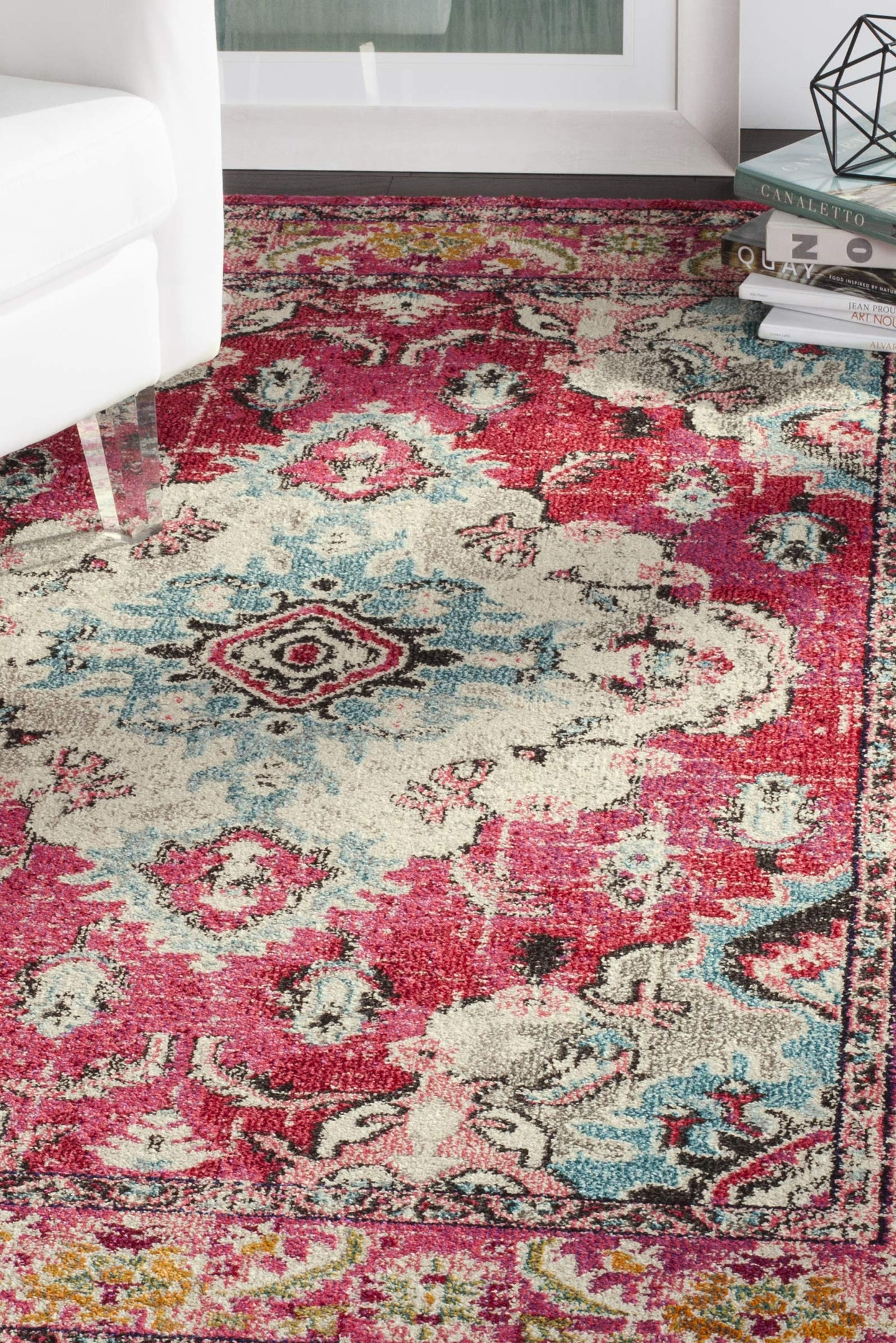 SAFAVIEH Monaco Collection Area Rug - 5'1" x 7'7", Pink & Multi, Non-Shedding & Easy to Clean, Distressed Medallion Design, Ideal for Living Room, Bedroom, Dining Space (MNC243D)