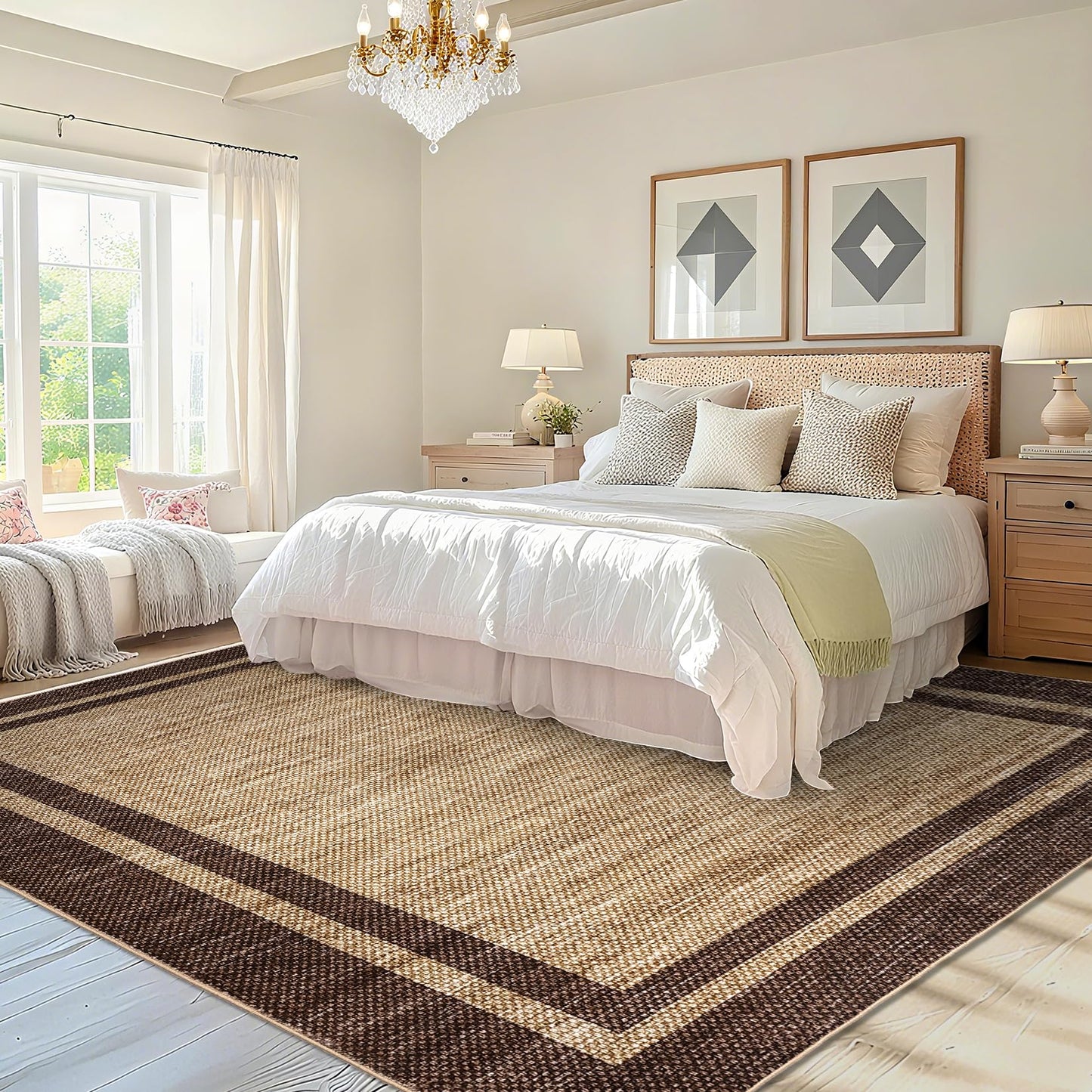 Garvee 8x10 Area Rug Neutral Border Rugs for Living Room Brown Rug Washable Rugs for Bedroom Non Slip Non Shedding Floor Cover Stain Resistant Low Pile Throw Carpet for Dining Room Nursery，Brown