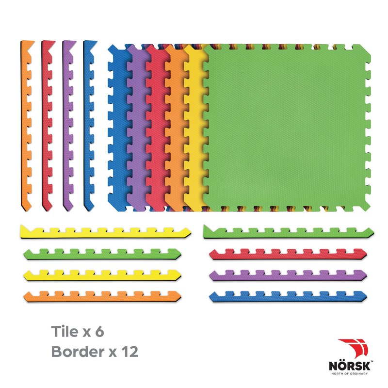 Norsk Dual-Sided Reversible 1/2" Foam Exercise Mats for Home Gym - Interlocking EVA Foam Tiles, 6 Tiles - 24 Sq. Ft. Rainbow Pack/Black