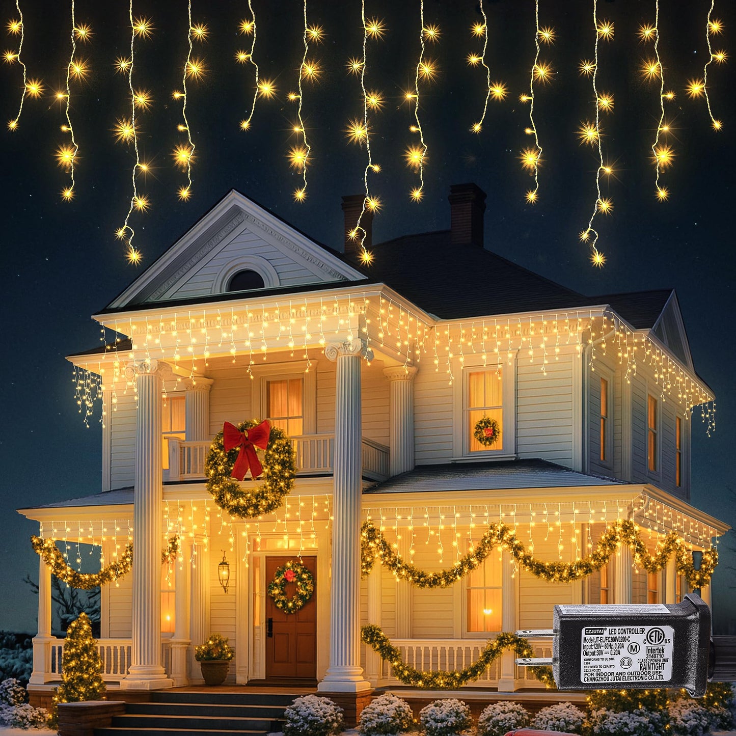 Hopolon 33FT 360L LED Christmas Icicle Lights Outdoor Waterproof,8 Modes Plug in Curtain String Lights with 60 Drops for Wedding, Party, Bedroom, Home, Garden, Wall Decorations(Warm White)