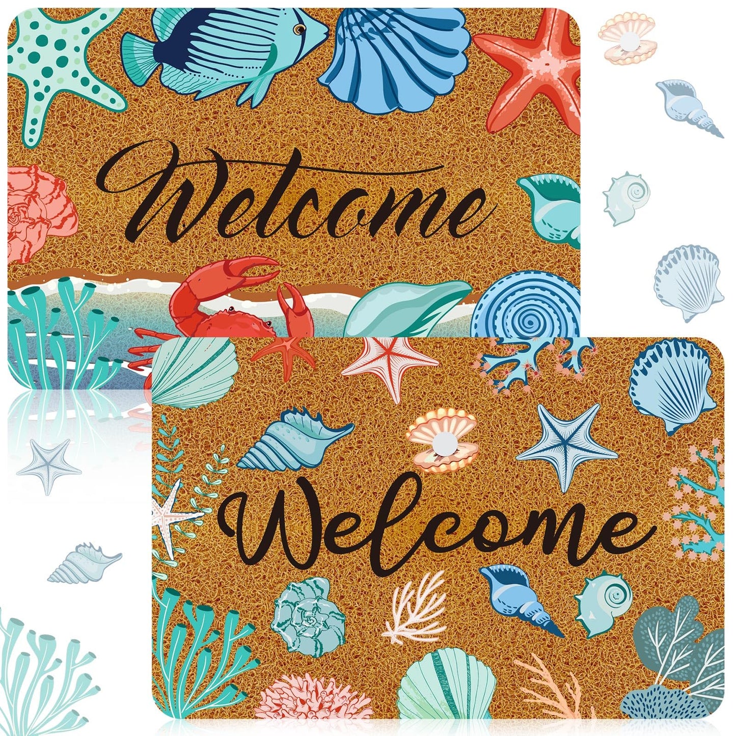 Moucuny 2 Pcs Coastal Beach Coir Door Mat Holiday Coastal Doormat 15.75 x 23.62 Inches Non Slip Entrance Coir Rugs for Farmhouse Home Kitchen Front Outdoor Indoor Summer Welcome Beach Rugs