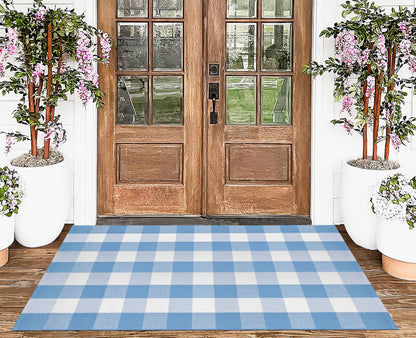 Buffalo Plaid Rug 3'x 5' Light Blue and White Checkered Porch Rug Cotton Woven Washable Layering Door Mat for Welcome Door Mat Porch Entryway Bedroom Living Room