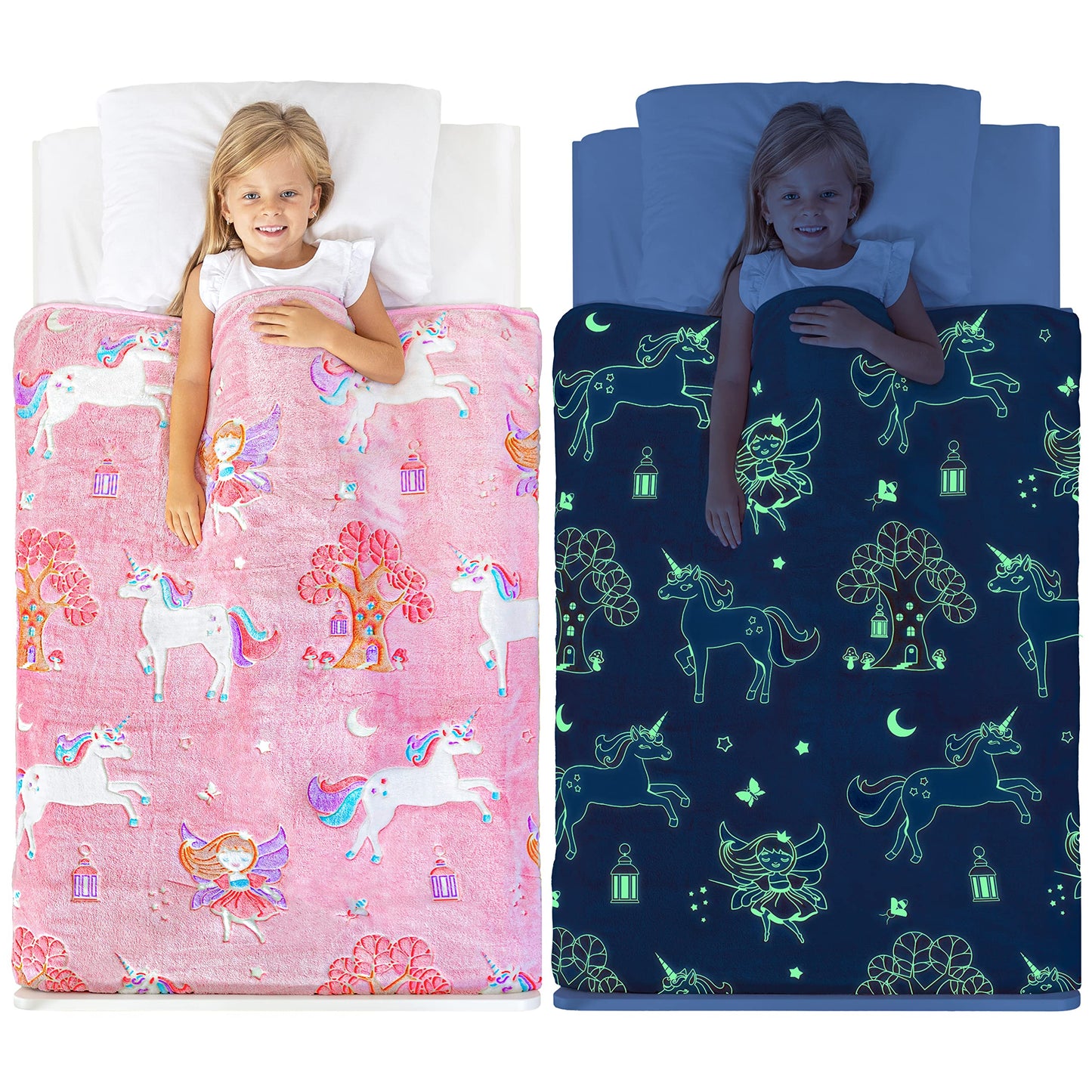 Glow in The Dark Unicorn Blanket for Girls – Soft Pink Fleece Throw. Great Christmas, Birthday, Baby, Toddler Unicorn Gifts for Girls, Fairy, Butterfly, Stars. Bright Long-Last Glow