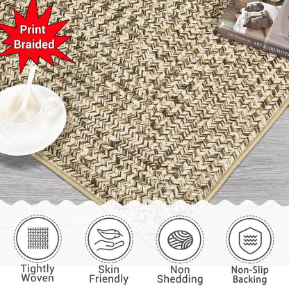 ROYHOME Washable Area Rug 5x7 Print Braided Machine Washable Rug Solid Printed Textured Carpet Stain Resistant Non-Slip Farmhouse Floor Cover for Living Room Dining Bedroom Decor, Linen