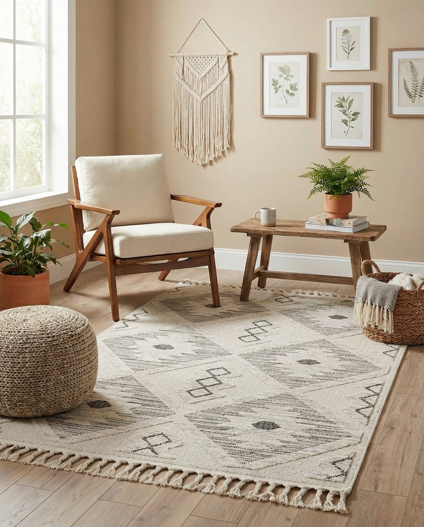 Rugs.com - Arlo Rug – 4' x 6' Sandy Beige Stain-Resistant Textured Area Rug – Modern Tribal Design with Fringe, Perfect for Living Rooms, Bedrooms, and Home Offices