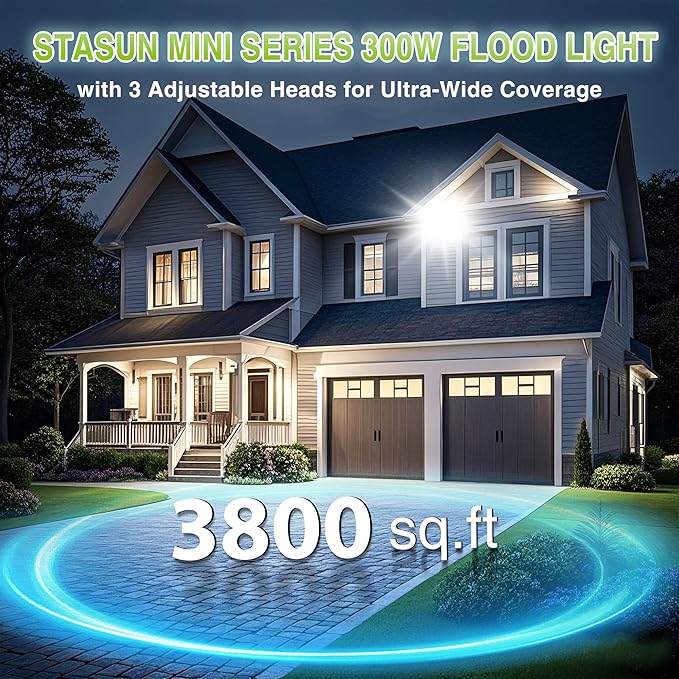 STASUN 2 Pack 300W LED Flood Lights, Mini Series Outdoor Floodlight, 30000LM 6000K Daylight White, IP66 Waterproof, 3 Adjustable Heads, Exterior Flood Lights for Yard, Driveway, Garage, Patio,Barn