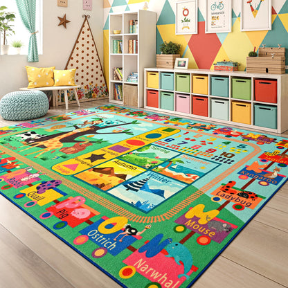 Maxsoft Kids Rug for Playroom, Educational 4x6 Play Mat for Classroom, Washable Playmat for Learning ABC Alphabet Animal Season Shapes Numbers Daycare Rug for Kids Room Nursery Children Toddler