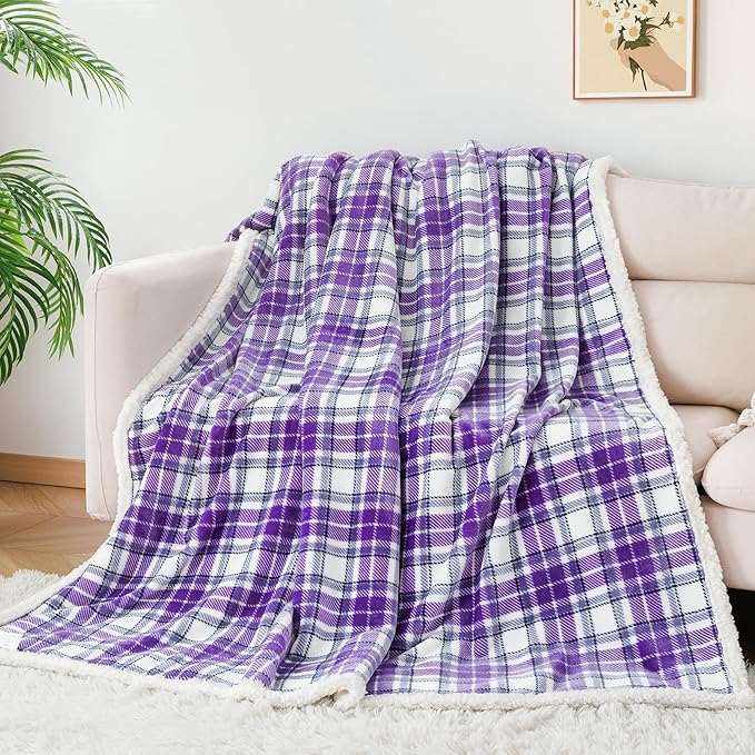 Touchat Sherpa Plaid Throw Blanket, 60" X 70"Fuzzy Fluffy Cozy Soft Blanket, Fleece Flannel Plush Twin Size Microfiber Blanket for Couch Bed Sofa,Purple