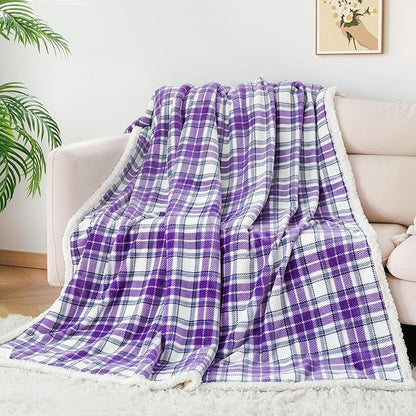 Touchat Sherpa Plaid Throw Blanket, 60" X 70"Fuzzy Fluffy Cozy Soft Blanket, Fleece Flannel Plush Twin Size Microfiber Blanket for Couch Bed Sofa,Purple