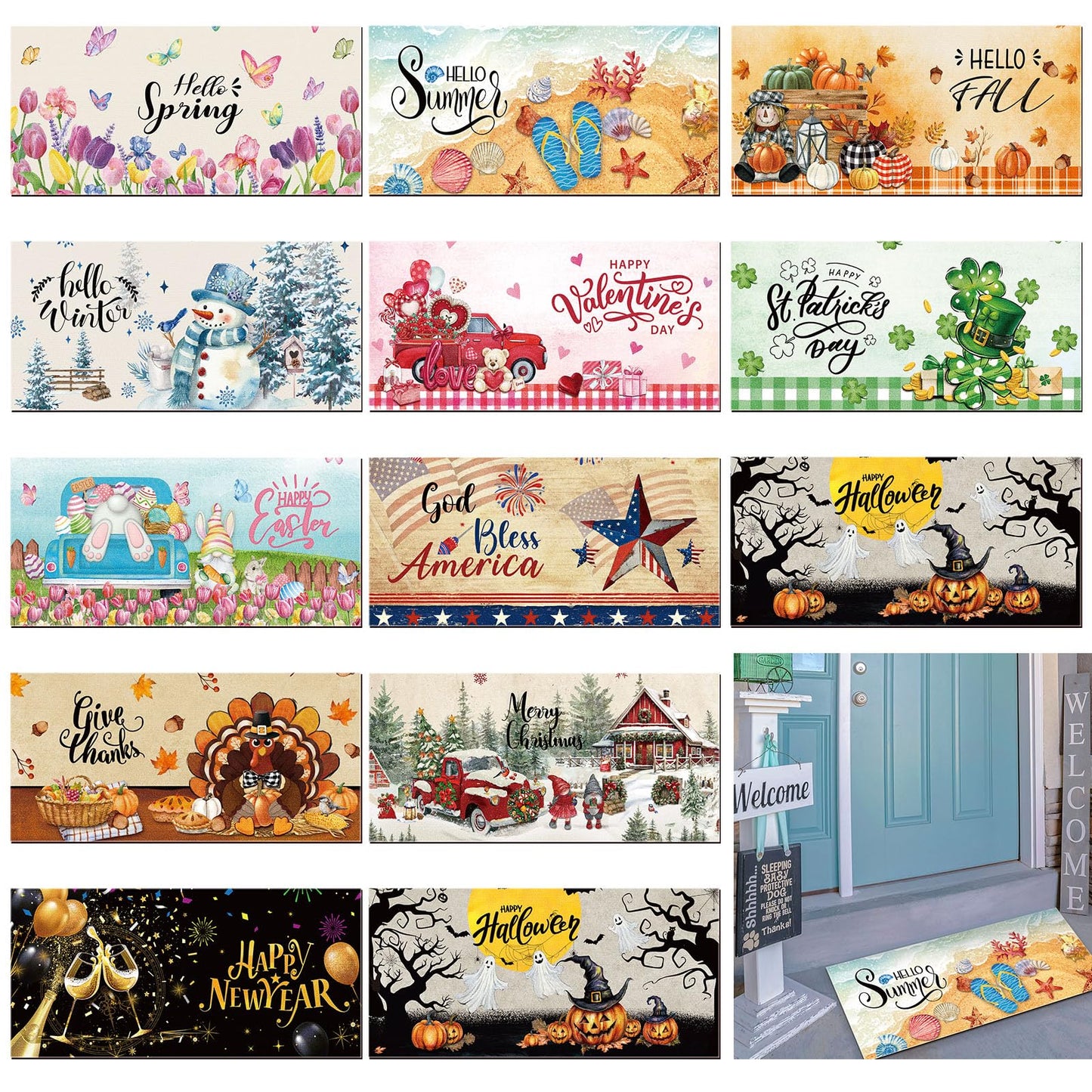 Tinideya 12 Pcs Seasonal Welcome Doormats 10 x 22 Inches Cute Seasonal Summer Independence Day Fall Doormats Decorative Festival Indoor Outdoor Non Slip Mats for All Holidays(Classic Style)