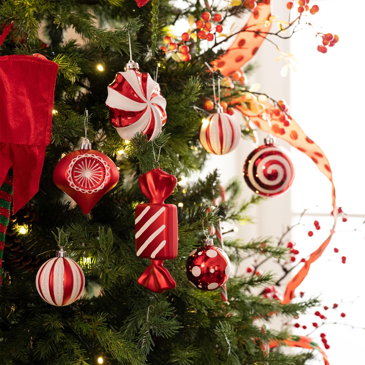 Valery Madelyn Christmas Ornaments Set, 108ct Candy Cane Red and White Shatterproof Christmas Tree Decorations Ball Ornaments Bulk, Hanging Ornaments for Xmas Trees Holiday Party Decor