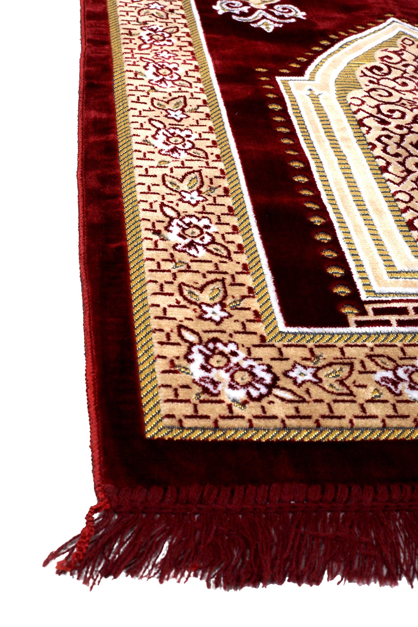 TB Muslim Prayer Rug, Islamic, Velvet Mat Ramadan Gift, with Prayer Bead Unique Decoration Gilded Gold-Like Embroidered for Women Man Kids Meditation Turkish African (Claret Red)