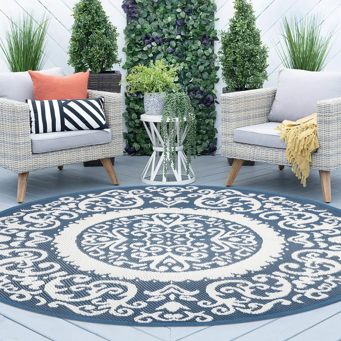 Homcomoda Round Outdoor Rugs 8ft Blue Patio Rugs Clearance Reversible Plastic Straw Rugs Waterproof Lightweight Outdoor Rugs Portable RV Camping Mat for Outdoor Porch Deck BBQ Backyard