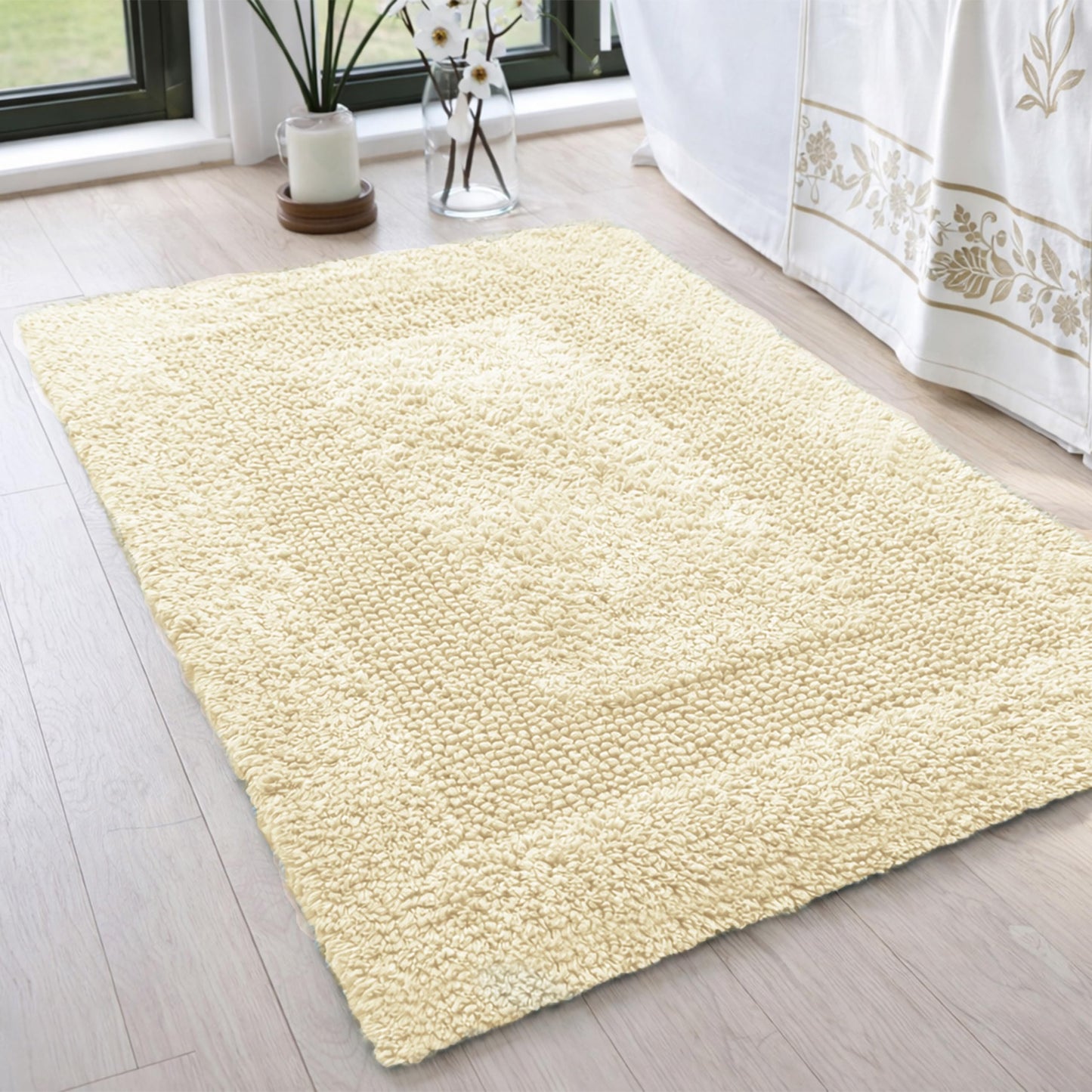 Cotton Reversible Bathmat Rug Set of 2, 21x32/17x24 Inches - Light Yellow, Quick Dry Water Absorbent Hotel Quality Bath Rugs Ideal for Kitchen, Bathroom, Toilet | Spa Style Ultra Soft Mat for Washable