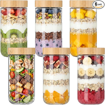 Vtopmart 6 Pack 24oz Glass Overnight Oats Containers with Bamboo Lids, Portable Wide Mouth Glass Jars Leak Proof, Reusable Glass Food Storage Containers for Yogurt Chia Pudding Salad Pickling Snacks