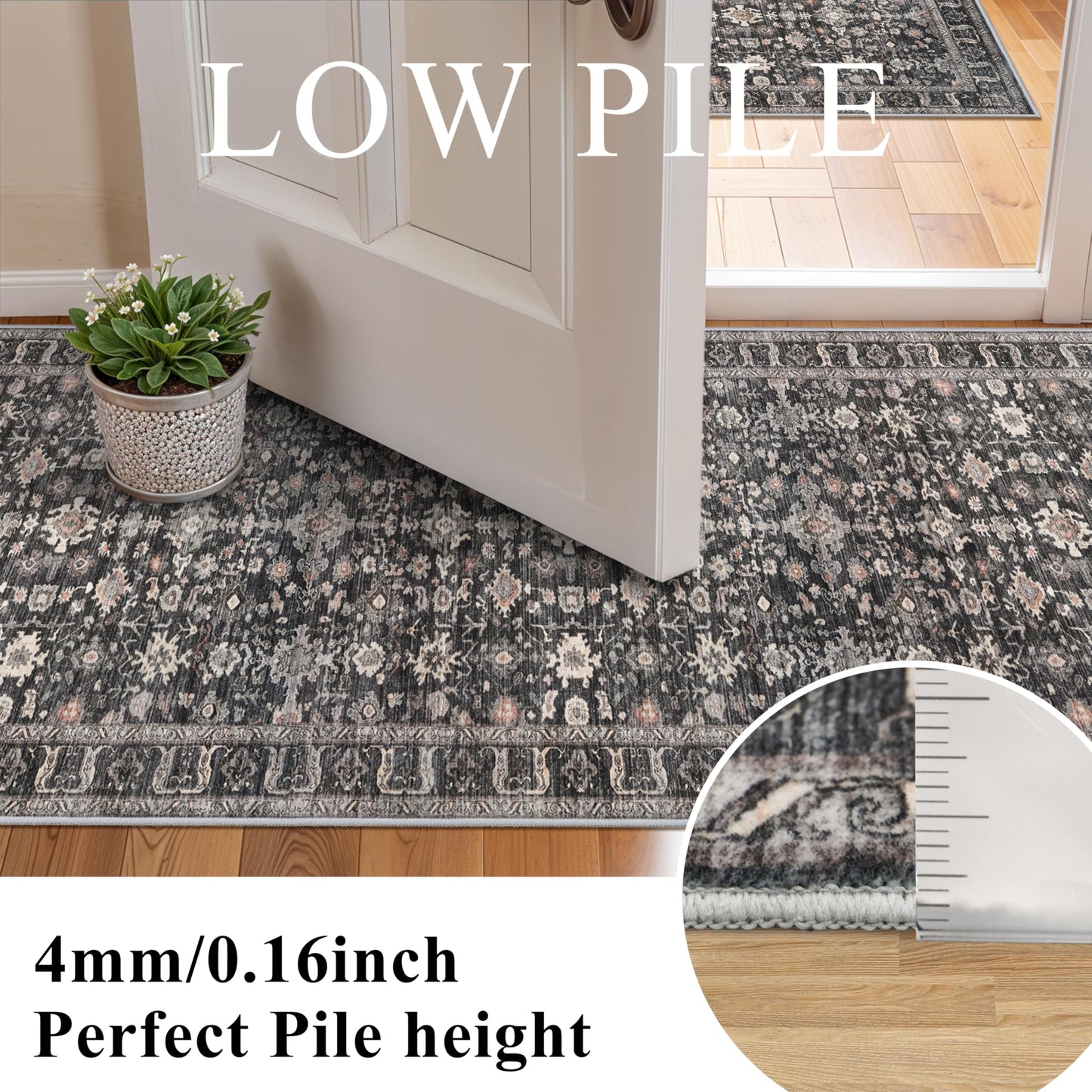 TOPRUUG Washable 6x6 Rug Square - Ultra Soft Living Room Area Rug Under Sofa Non-Slip Rugs for Bedroom Dining Room - Non-Slip & Stain Resistance Rugs for High Traffic Area (Dark Black Gray, 6x6)