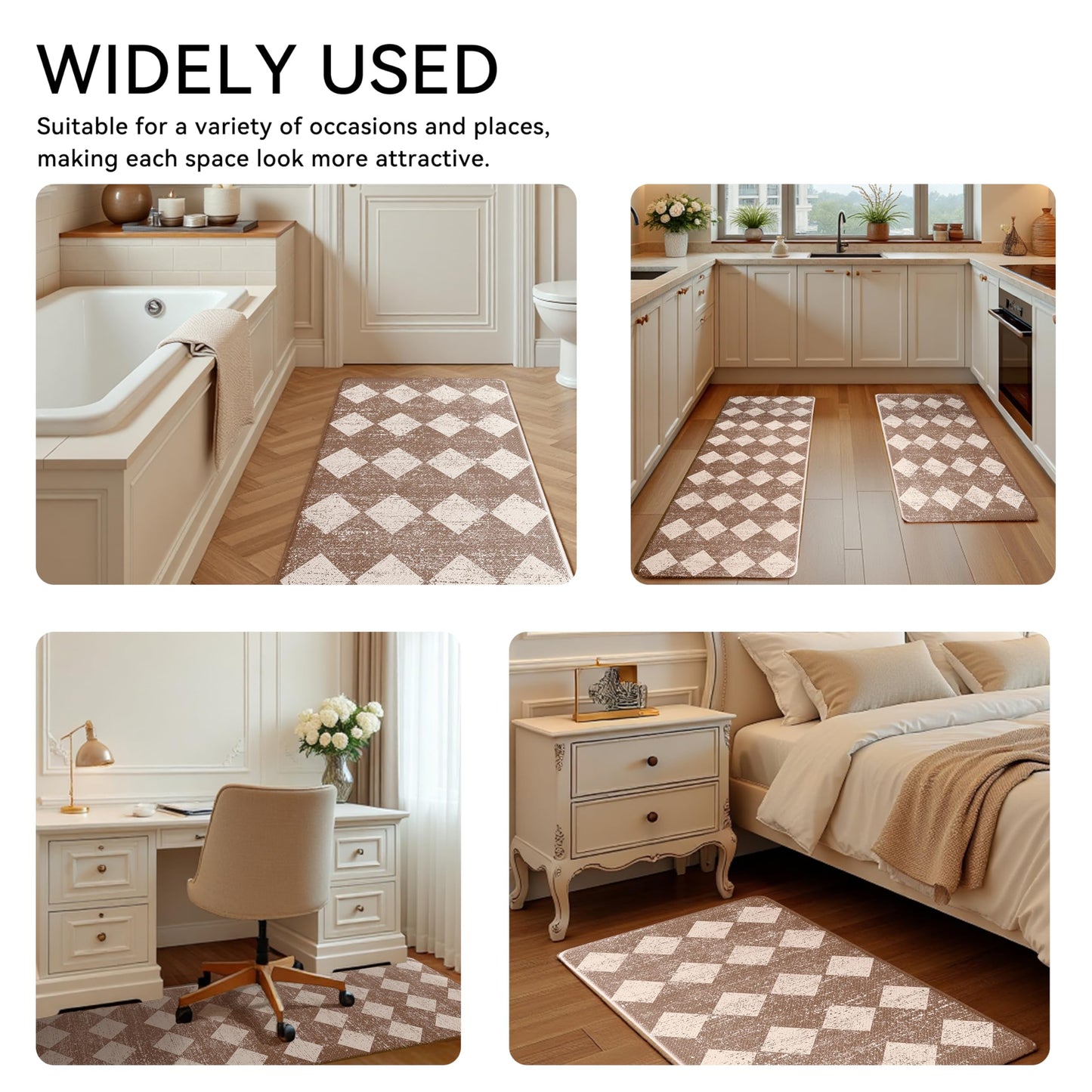 VivaNest Khaki Beige Moroccan Trellis Checkered Kitchen Rug Sets [2 PCs], Anti-Fatigue, Waterproof Non-Slip Kitchen Mats Heavy Duty Ergonomic Comfort Foam Rug for Floor, Home, Laundry,17"x29"+17"x47"