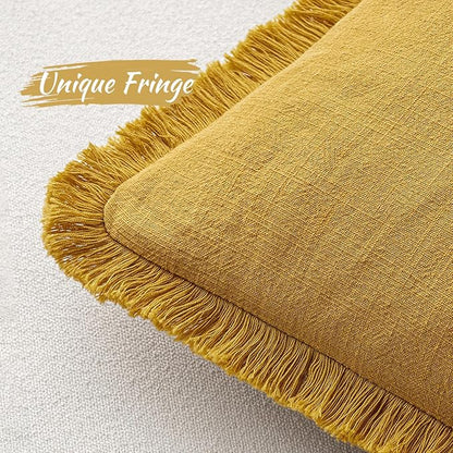 MIULEE Decorative Lumbar Throw Pillow Covers Neutral Linen Fringe Throw Pillows Set of 2 Mustard Yellow Boho Farmhouse Cushion Covers for Couch Sofa Bed Living Room Spring Home Decor 12x20 Inch