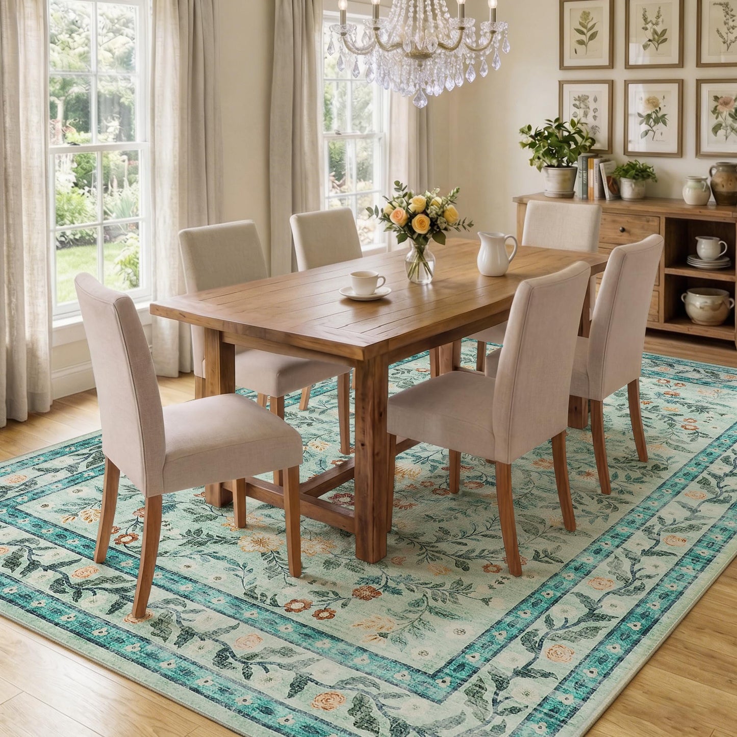 Garvee Area Rug 5x7 for Living Room, Washable Floral Low Pile Rug, Soft Non Slip Carpet for Living Room, Bedroom, Dining Room, Light Green
