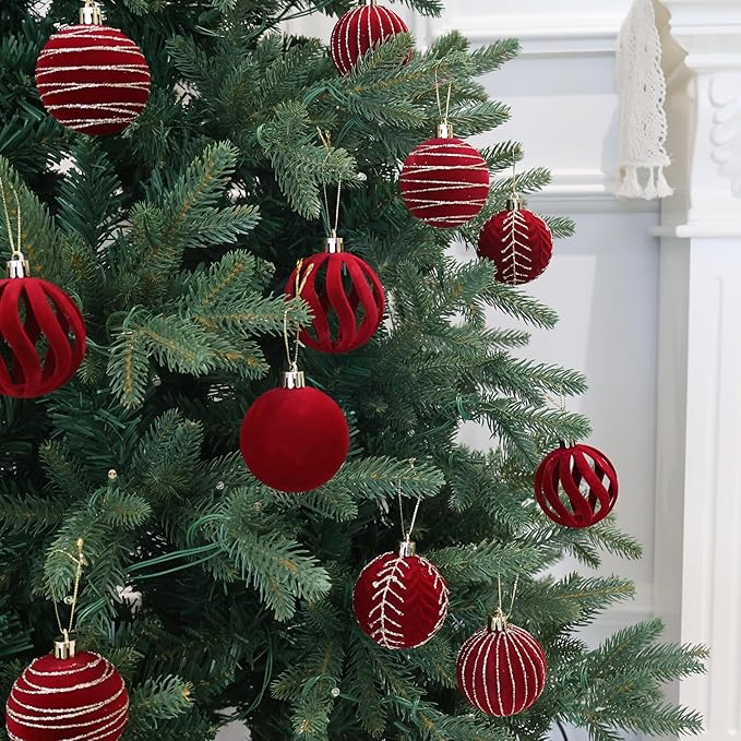 4inch Velvet Ornaments for Christmas Tree, 9PCS Glitter Flocked Christmas Ornaments Decorations Balls Set Decor Red