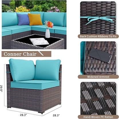 Kurapika 9 Pieces Patio Furniture Set, Rattan Sofa Set, Outdoor Conversation Sets w/Swivel Rocking Chairs Patio Sectional Sofa w/4 Inch Cushion, Blue