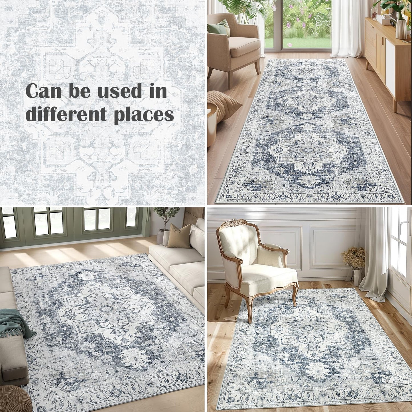 jinchan Kelda Runner Rug 3x8 Vintage Hallway Rug Kitchen Washable Runner Retro Lightweight Non-Slip Low Pile Thin Distressed Carpet for Entryway Bathroom Laundry Room Bedroom Stairway Grey