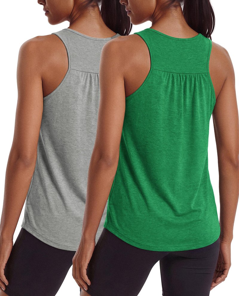 PINSPARK Workout Tops for Women Racerback Quick Dry Yoga Muscle Shirts Sleeveless Loose Athletic Exercise Running Tennis Tank Top,Light Grey/Green L